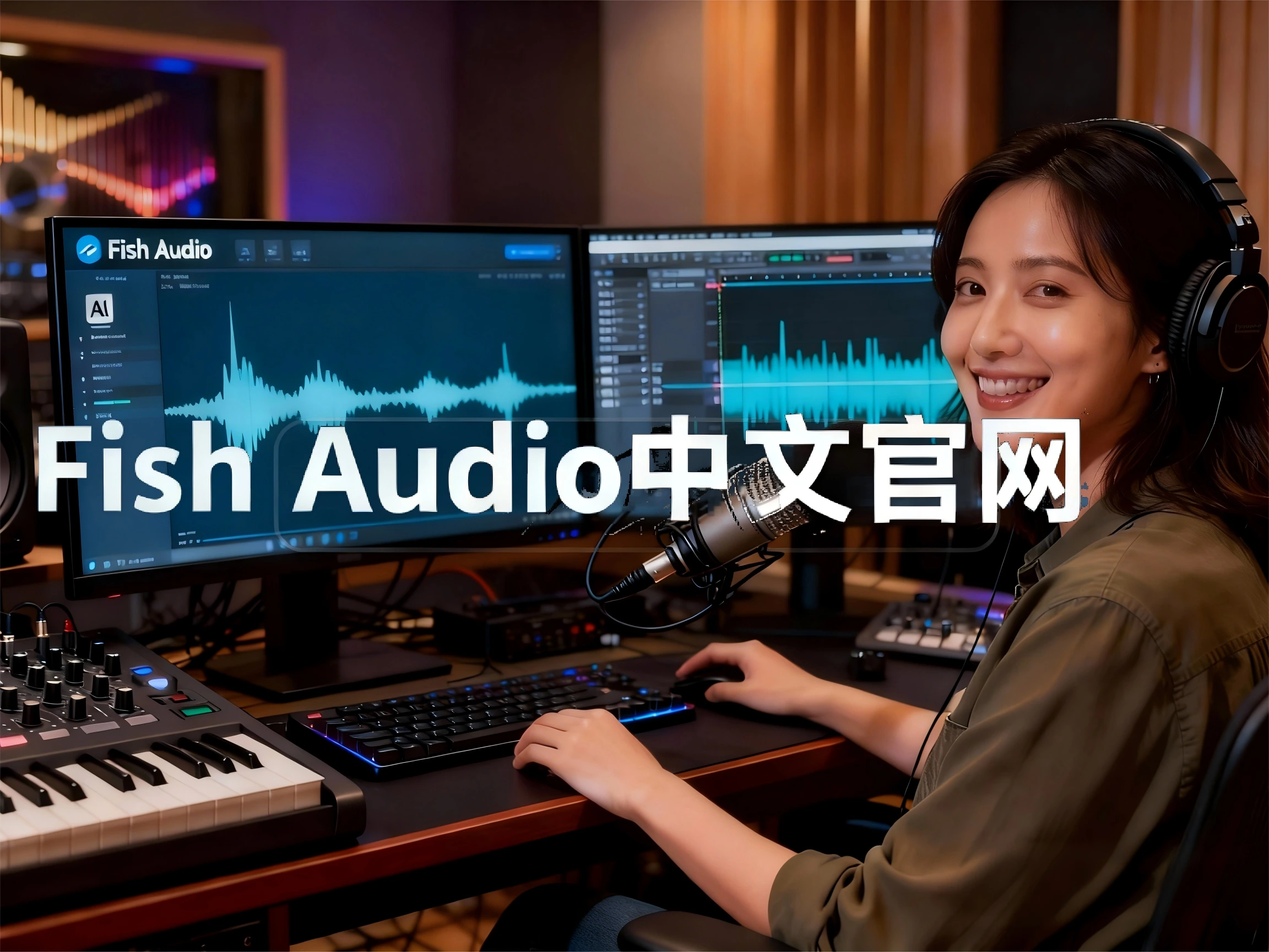 一位播客后期制作人正在专业音频工作站前，屏幕上同时打开着Fish Audio的界面和音频编辑软件。她正将一段由AI生成的人声干音（波形显示自然平滑）与背景音乐进行混音，表情专注而满意，完全无需对AI人声进行二次降噪或修复。