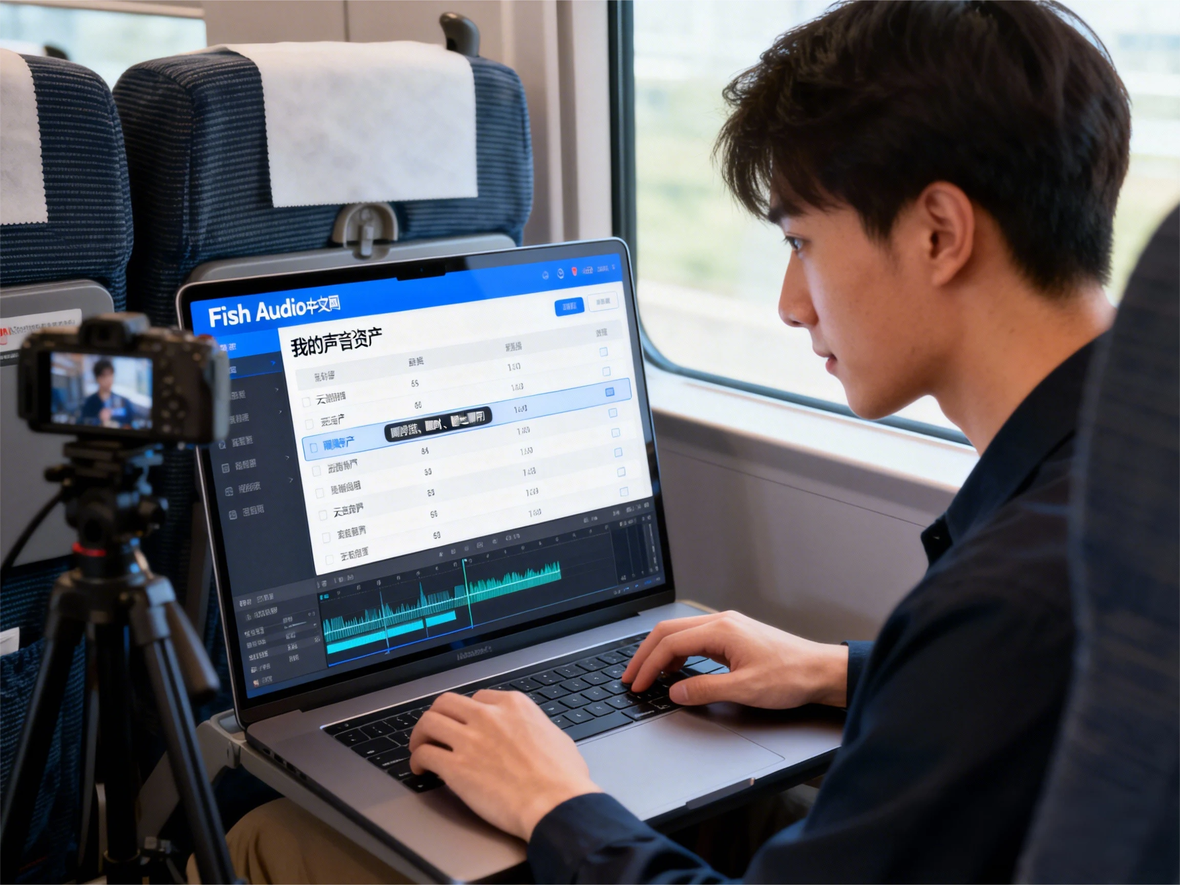 一位年轻的视频博主在高铁座位上，正用笔记本电脑登录Fish Audio中文官网。屏幕中央清晰显示着“我的声音资产”列表，他正轻松地将一段刚克隆好的配音拖入视频剪辑时间轴，表情专注而高效。 