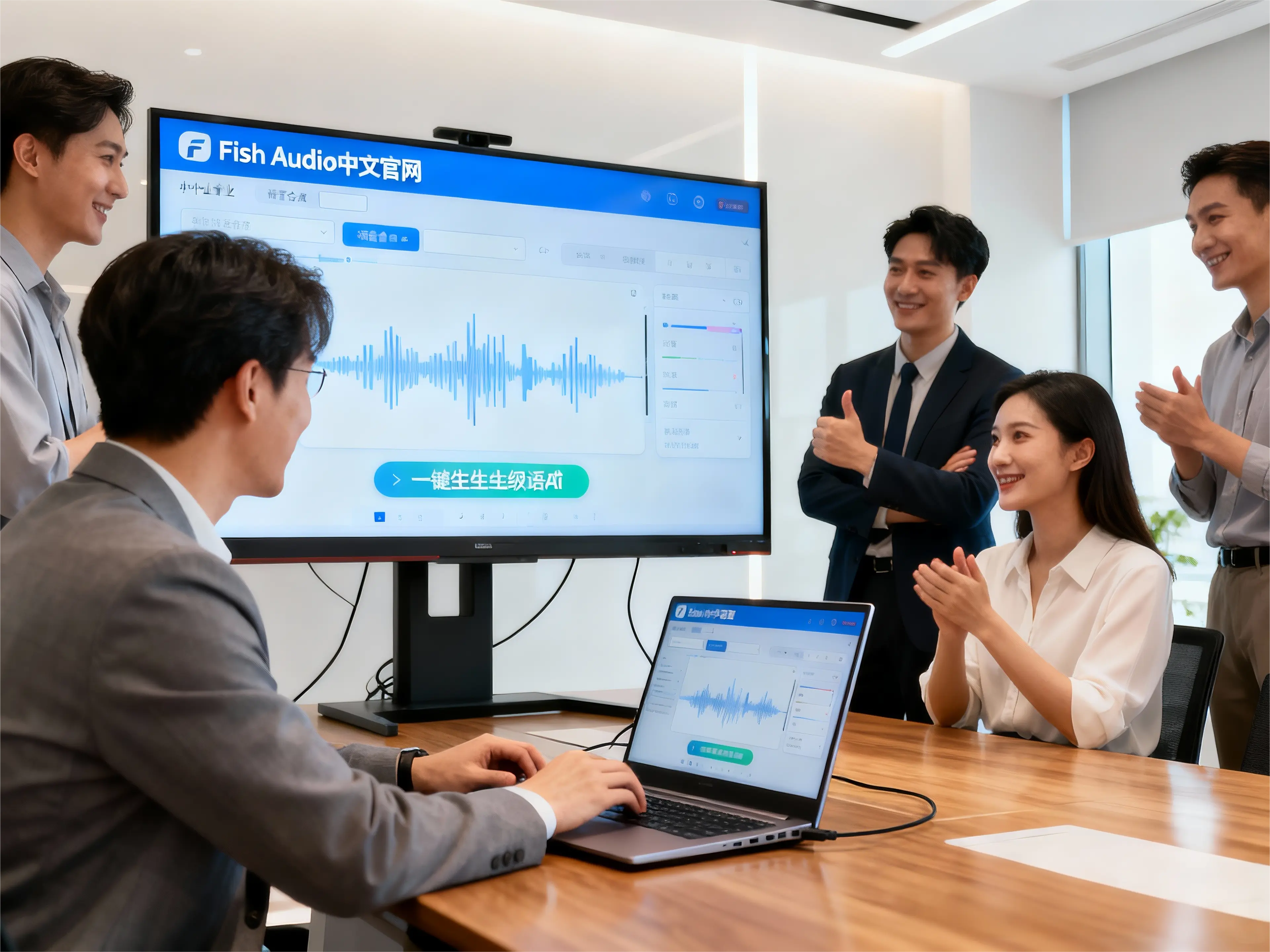 一个多元化的中小企业市场团队，正在明亮现代的会议室中进行头脑风暴。他们围在一台连接了大型显示屏的笔记本电脑旁，，屏幕上Fish Audio中文官网清晰可见语音合成界面。团队负责人正在操作软件，为新的产品宣传片一键生成专业级的AI语音，其他成员专注地聆听并点头赞同。